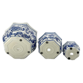 Set of 3 Blue & White Round Floral Ceramic Pots Fluted Lip