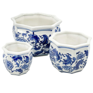 Set of 3 Blue & White Round Floral Ceramic Pots Fluted Lip