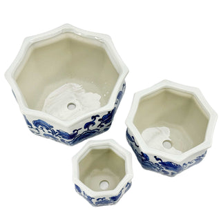 Set of 3 Blue & White Round Floral Ceramic Pots Fluted Lip