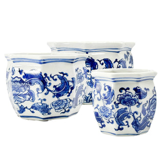 Set of 3 Blue & White Round Floral Ceramic Pots Fluted Lip