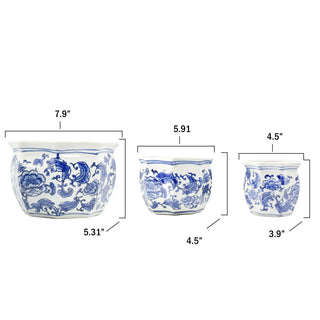 Set of 3 Blue & White Round Floral Ceramic Pots Fluted Lip