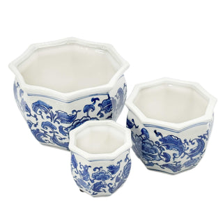 Set of 3 Blue & White Round Floral Ceramic Pots Fluted Lip