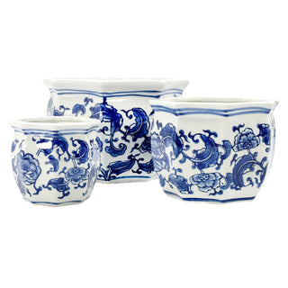 Set of 3 Blue & White Round Floral Ceramic Pots Fluted Lip